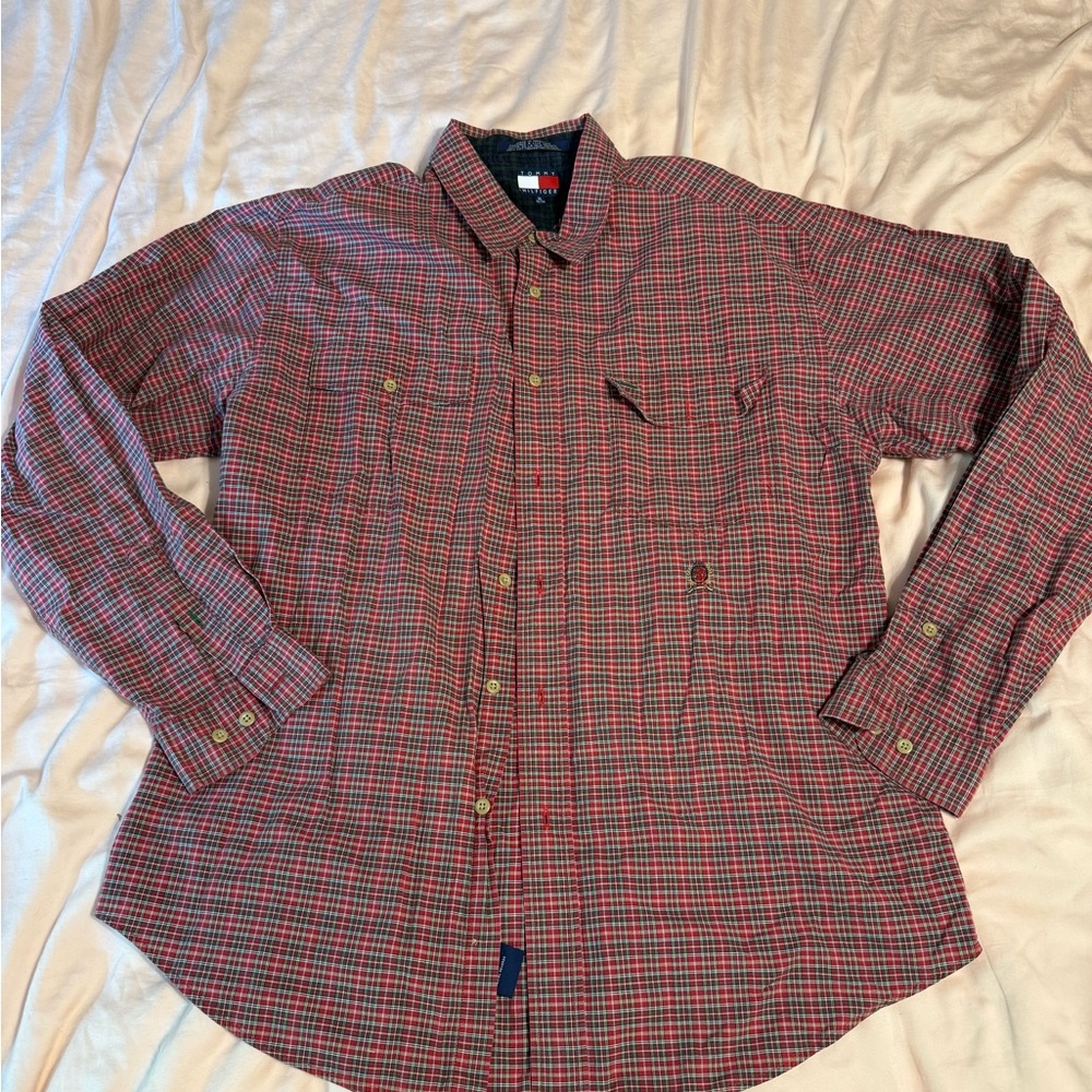 Tommy Hilfiger Red and Green Casual Button Down Shirt